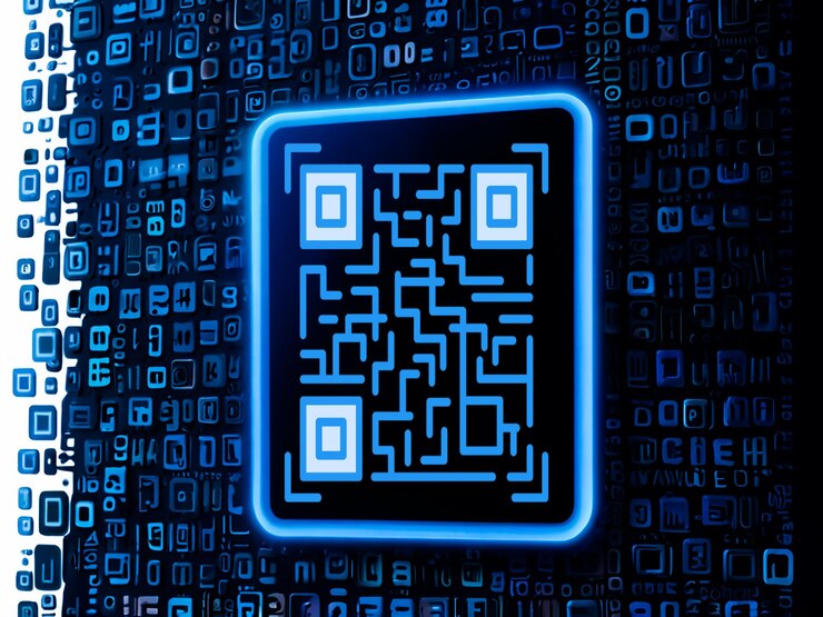 Foto código qr azul icono de escaneo de teléfono móvil de la burbuja de mensaje elemento 3d o identificación de identificación de tecnología