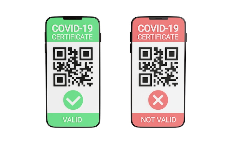 Foto código qr del certificado de vacunación covid verde y rojo y marca de verificación en la pantalla del teléfono móvil 3d render
