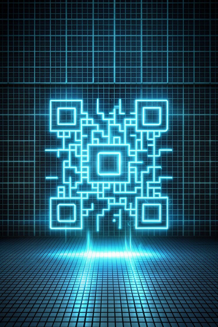 Foto código qr digital brillante en el patrón de cuadrícula con brillo azul de neón iluminado tema tecnológico futurista fondo de papel de pared móvil