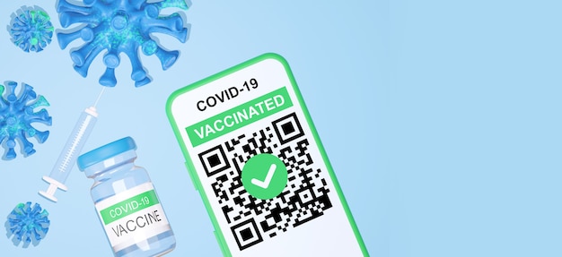 Código QR con teléfono móvil. Certificado de vacuna de pasaporte digital Covid-19. Ilustración de render 3D