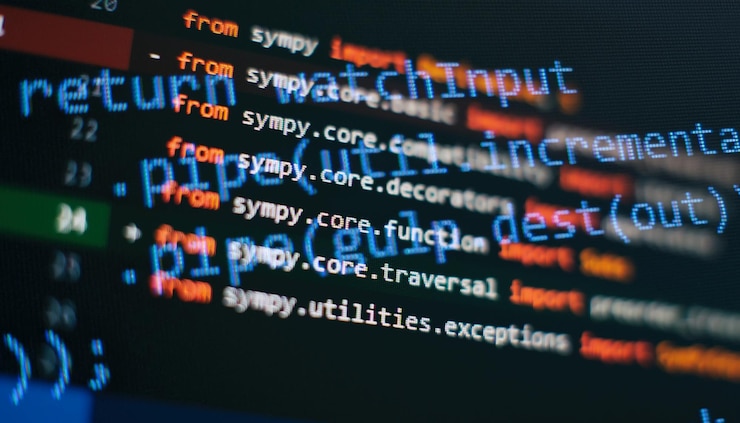 Foto código de script de computadora abstracto pantalla de código de programación del desarrollador de software tiempo de trabajo de programación de software