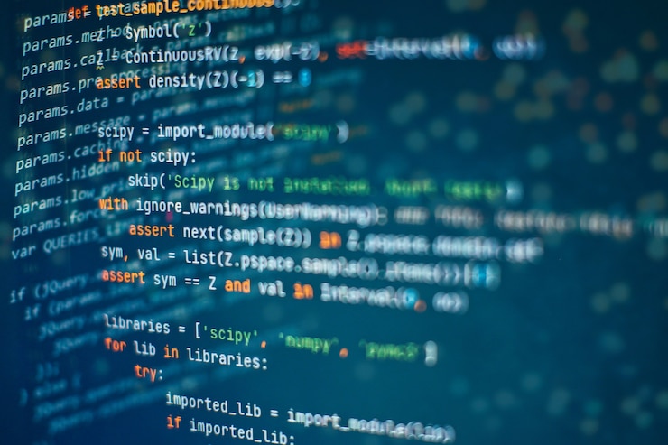Foto código de secuencia de comandos de computadora abstracta. pantalla de código de programación del desarrollador de software. tiempo de trabajo de programación de software. código de texto escrito y creado íntegramente por mí mismo.