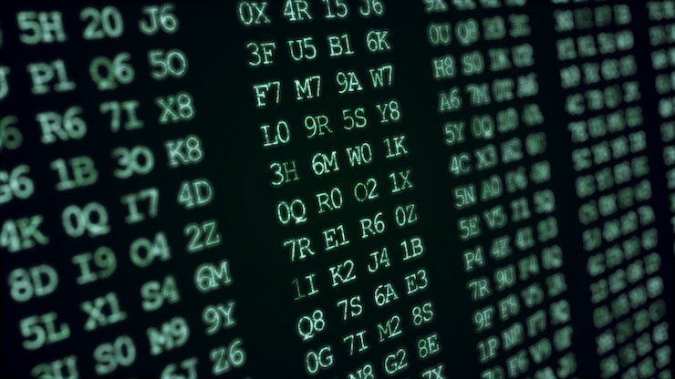 Foto código verde abstrato hexadecimal executando uma tela de computador.