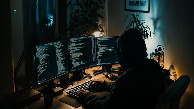 Códigos de figuras encapuchadas tarde en la noche en múltiples monitores