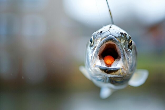 Foto codo de pesca dentro de la boca del pez contra un fondo borroso