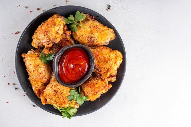 Foto codo de pollo picante asado a la parrilla con ketchup