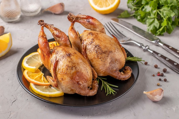 Codornices al horno con limón y naranja servidas en un plato oscuro