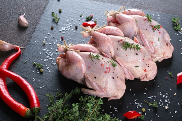 Codornices frescas de carne cruda listas para cocinar en la pizarra