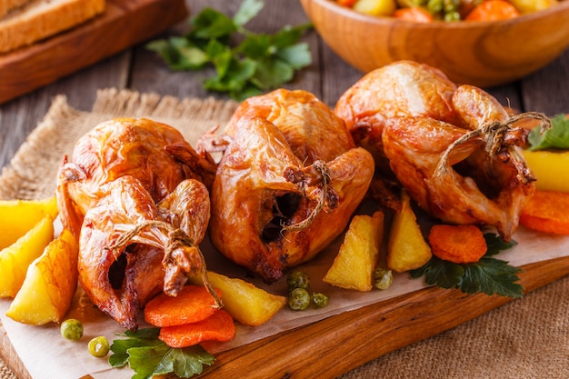 Codorniz a la plancha con verduras en una tabla de servir.