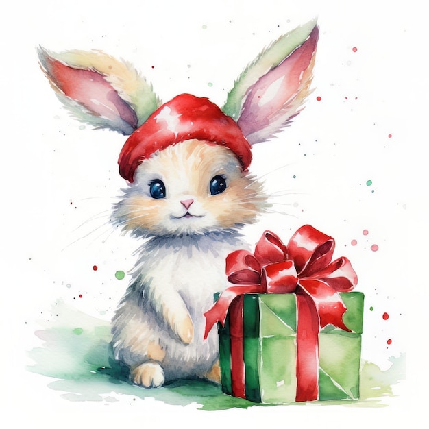 Coelhinho bonito com presente de Natal Ilustração a aquarela