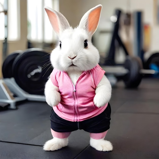 Coelhinho bonito e quente a usar roupas de treino a fazer exercício no ginásio.