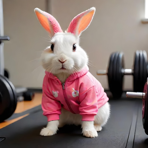 Coelhinho bonito e quente a usar roupas de treino a fazer exercício no ginásio.