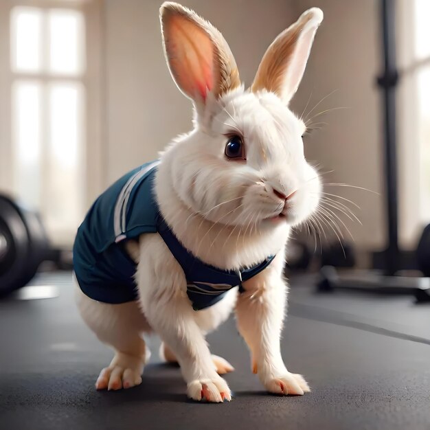 Coelhinho bonito e quente a usar roupas de treino a fazer exercício no ginásio.