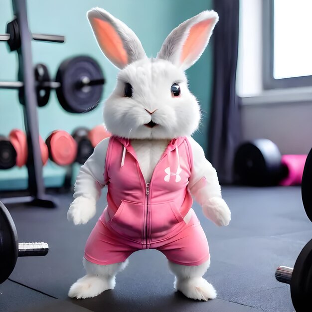 Coelhinho bonito e quente a usar roupas de treino a fazer exercício no ginásio.