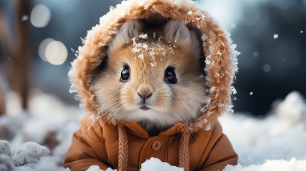 Foto coelhinho bonito na neve a desfrutar do floco de neve de natal