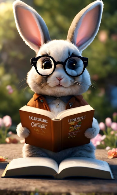 Coelhinho bonito usando óculos lendo um livro motor irreal render 8k P4