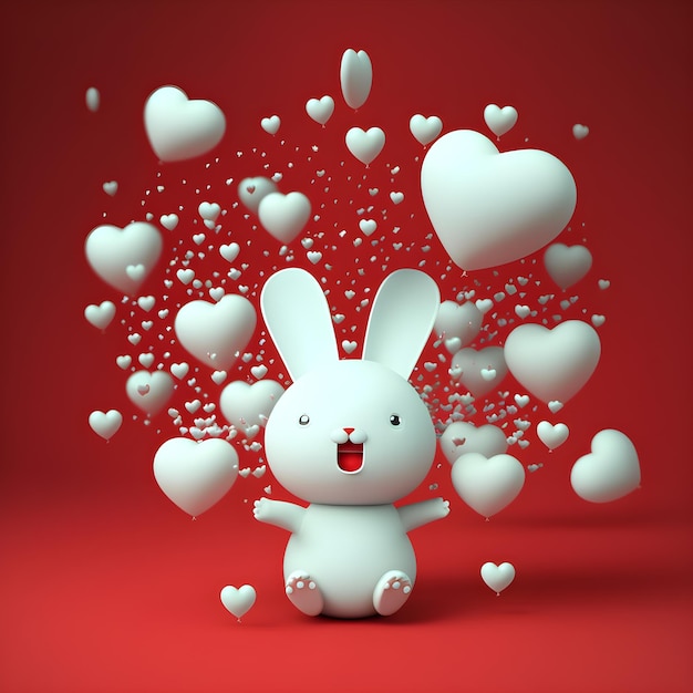 Coelhinho branco antropomórfico super fofo com balão vermelho em forma de coração na mão