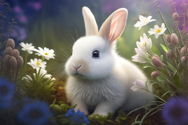 Coelhinho branco fofo e realista no fundo das flores da primavera Feliz Páscoa Generativa AI