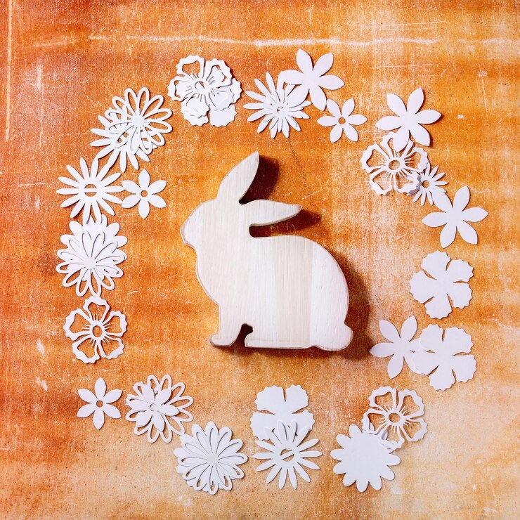 Foto coelhinho da páscoa com flores de papel ao redor