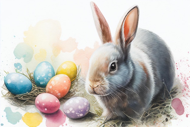 Coelhinho da Páscoa com ovos. Cartão postal de Páscoa. Cartão de Páscoa com coelhos.