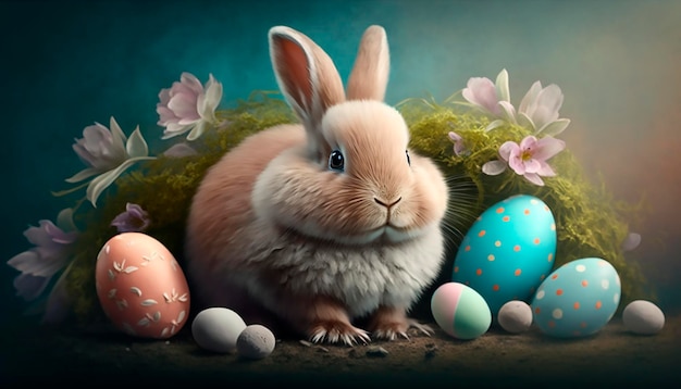 Coelhinho da Páscoa com ovos pintados Cartão de Páscoa