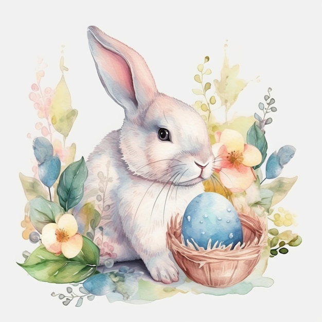 Coelhinho da Páscoa com uma cesta de flores e um ovo azul.