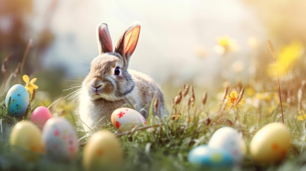 Coelhinho da Páscoa decorado ovos e coelho fofo em prado ensolarado de primavera com luzes abstratas desfocadas