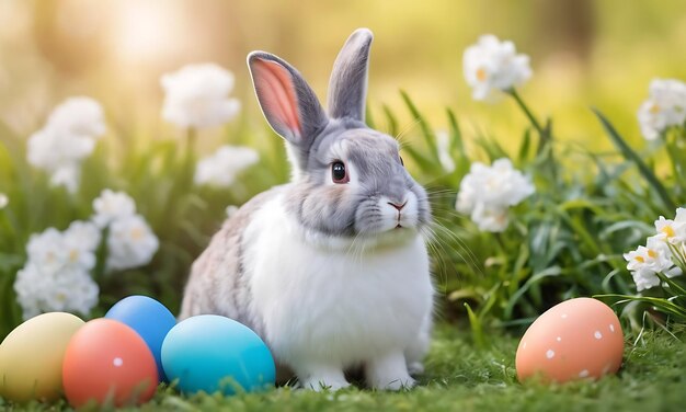 Foto coelhinho de páscoa bonito sentado com ovos de páscoa coloridos sentado do lado de fora contra um fundo de flores