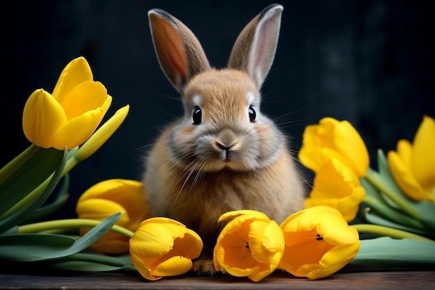 Coelhinho de Páscoa colorido com tulipas amarelas e flor de narciso IA geradora