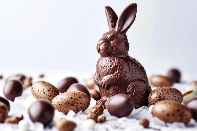 Foto coelhinho de páscoa com ovos de chocolate em um fundo claro