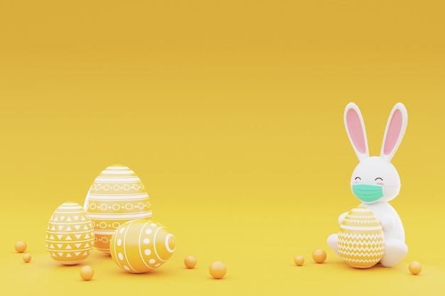 Coelhinho decorado e ovos de Páscoa em fundo amarelo. Conceito da renderização de holidays.3d da Páscoa.