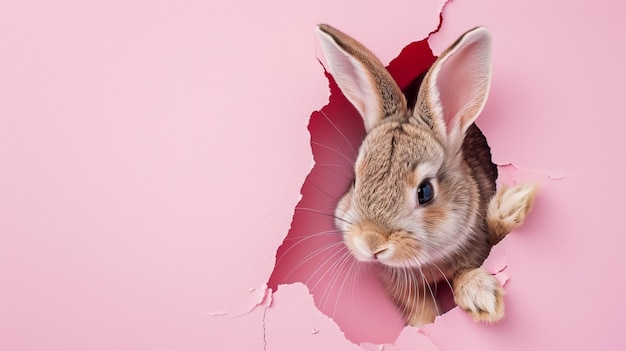 Coelhinho espiando por um buraco na parede rosa coelhinho orelhudo fofo banner de coelhinho da páscoa AI Generative