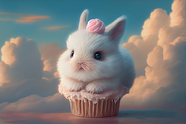 Coelhinho fada em fundo nublado sentado em um cupcake Generative AI