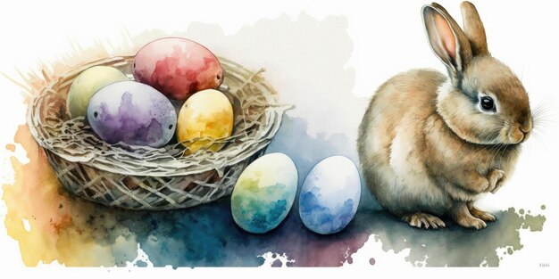Coelhinho feliz com ovos de páscoa Celebração colorida do feriado da Páscoa