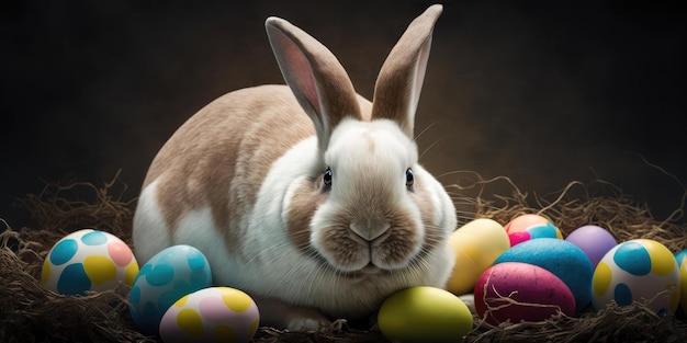 Coelhinho feliz com ovos de páscoa Celebração colorida do feriado da Páscoa