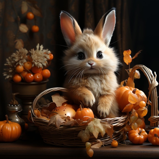 Foto coelhinho fofo com abóbora conceito de halloween conceito de outono