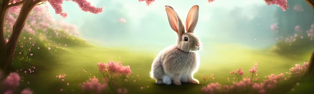 Coelhinho fofo para ilustração de banner de feriado de primavera de páscoa coelho bonito sentado no prado