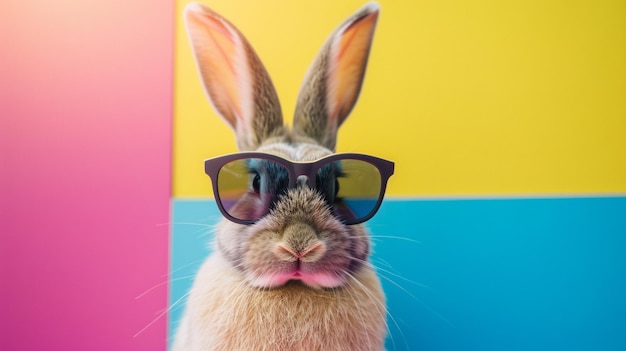 Coelhinho legal vintage com óculos de sol em fundo colorido AI Generative