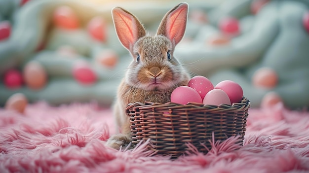 Coelhinho no Cesto com Ovos Decorados Cartão de Páscoa