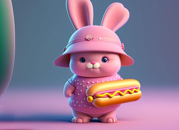 Foto coelhinho rosa bebê fofo 3d segurando um boné e usando um vestido na mão rosquinha fundo sólido