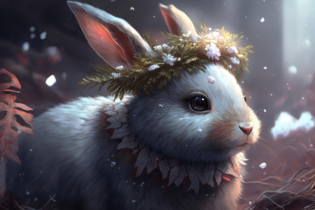 Coelhinho vestindo uma coroa de flores de Holly Hopping em meio a um país das maravilhas do inverno de galhos gelados e neve