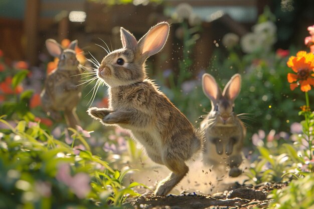 Coelhinhos adoráveis saltando em torno de um polvo de jardim