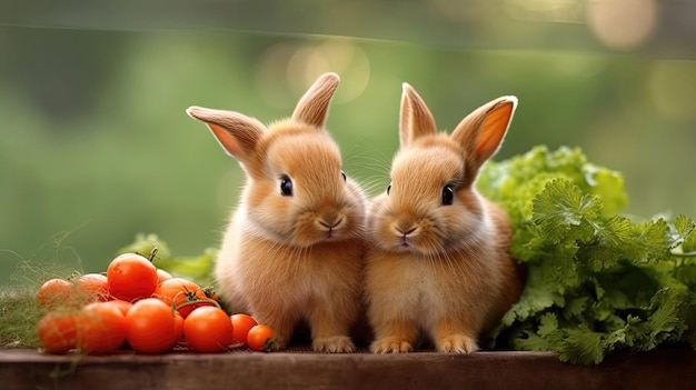 Coelhinhos bonitos enquanto desfrutam de suas cenouras favoritas com o maior deleite Suas caudas fofinhas e narizes trêmulos acrescentam ao seu charme enquanto mordem as guloseimas crocantes geradas pela IA