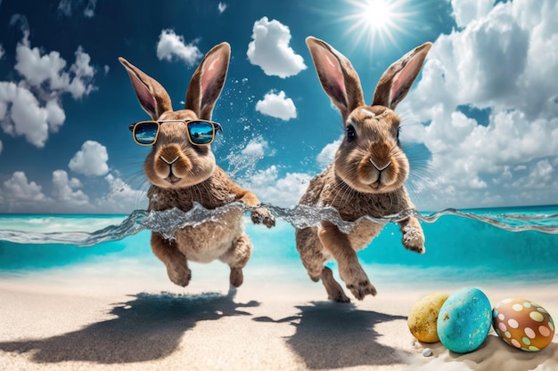 Coelhinhos da Páscoa caçando ovos no mar Viagem de férias AI gerado