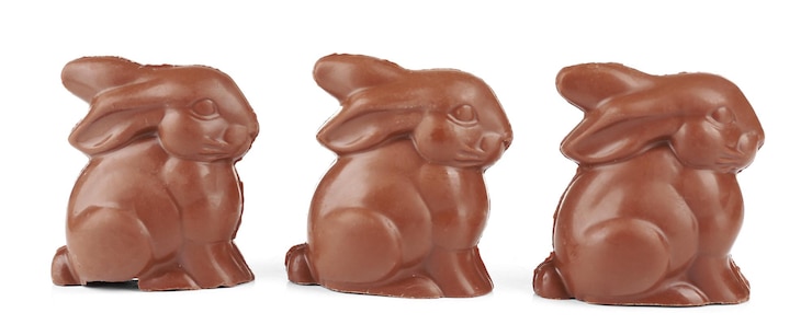 Foto coelhinhos da páscoa de chocolate isolados no branco