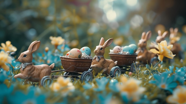 Coelhinhos de brinquedo puxando carrinhos cheios de ovos cena de desfile brincalhão com um toque de magia da Páscoa