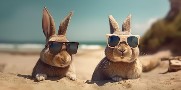 Coelhinhos de férias na praia em cartão postal de óculos de sol