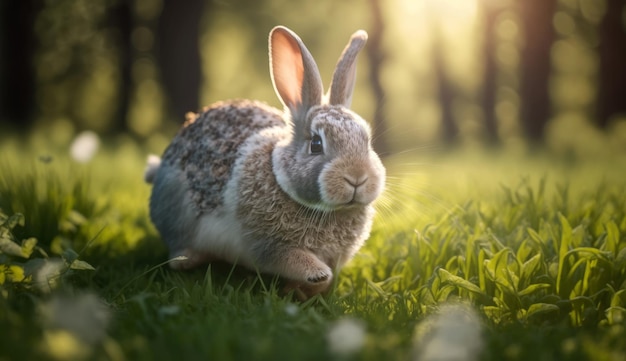 Coelhinhos fofos correndo no campo de grama pela manhã com a luz do sol desfrutam de Generative Ai