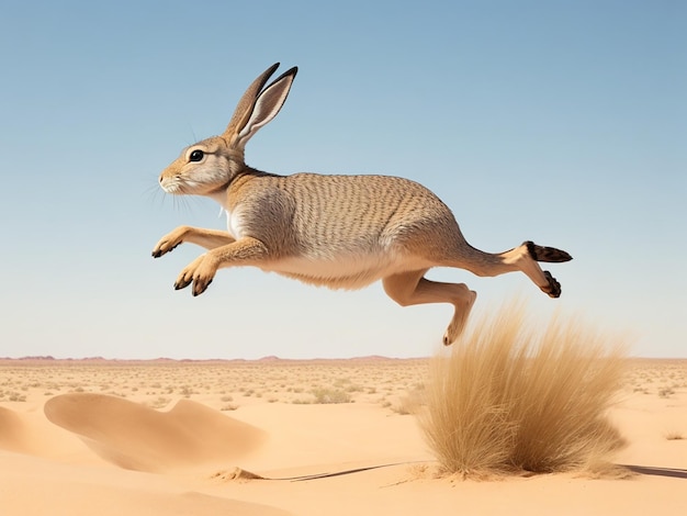 Foto coelho ágil saltando no fundo pastel do deserto