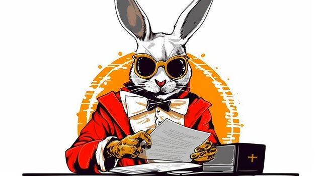 Foto coelho arafed em um terno e óculos lendo um livro generativo ai